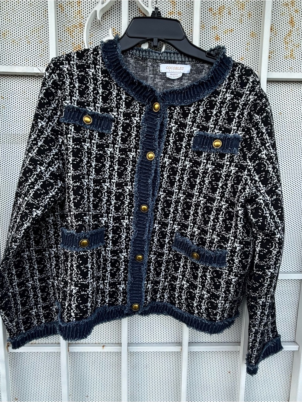 Coolbleu M black and white textured tweed cardigan jacket with gold button